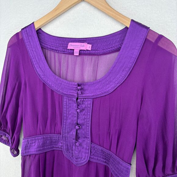 CALYPSO Dress S Small CHRISTIANE CELLE Silk Sheer Satin Trim Knee Length Purple - Picture 5 of 15